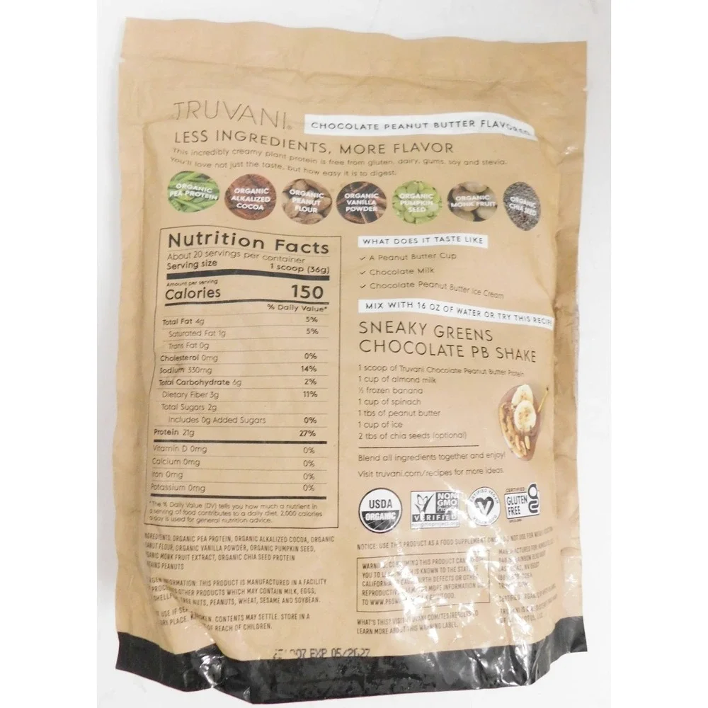 Truvani Plant Based Organic Protein Powder Chocolate Peanut Butter 20 srv. 5/27